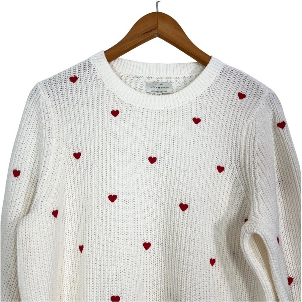 Lucky‎ Brand Valentine Heart Sweater Large White Red Hearts Chunky Knit Pullover - Picture 3 of 8